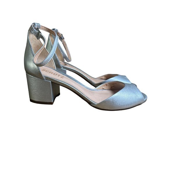 Schultz Roama Block Heel Size 7 B Silver Metallic Leather Ankle Strap NWOB - Picture 2 of 10